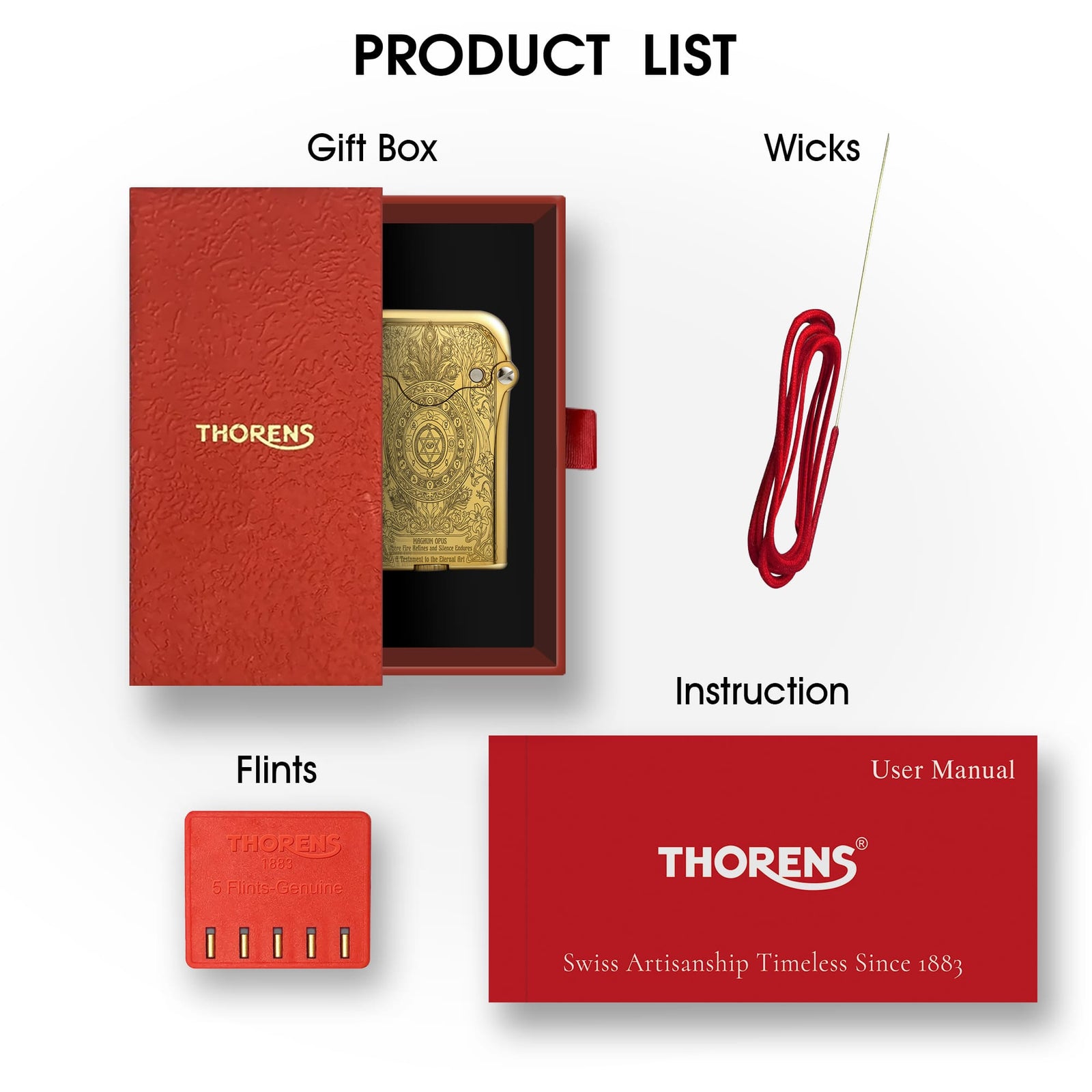 Thorens Gen 3 Single Claw Magnum Opus lighter presented in a red gift box with wick, flints, and instruction manual arranged beside it.