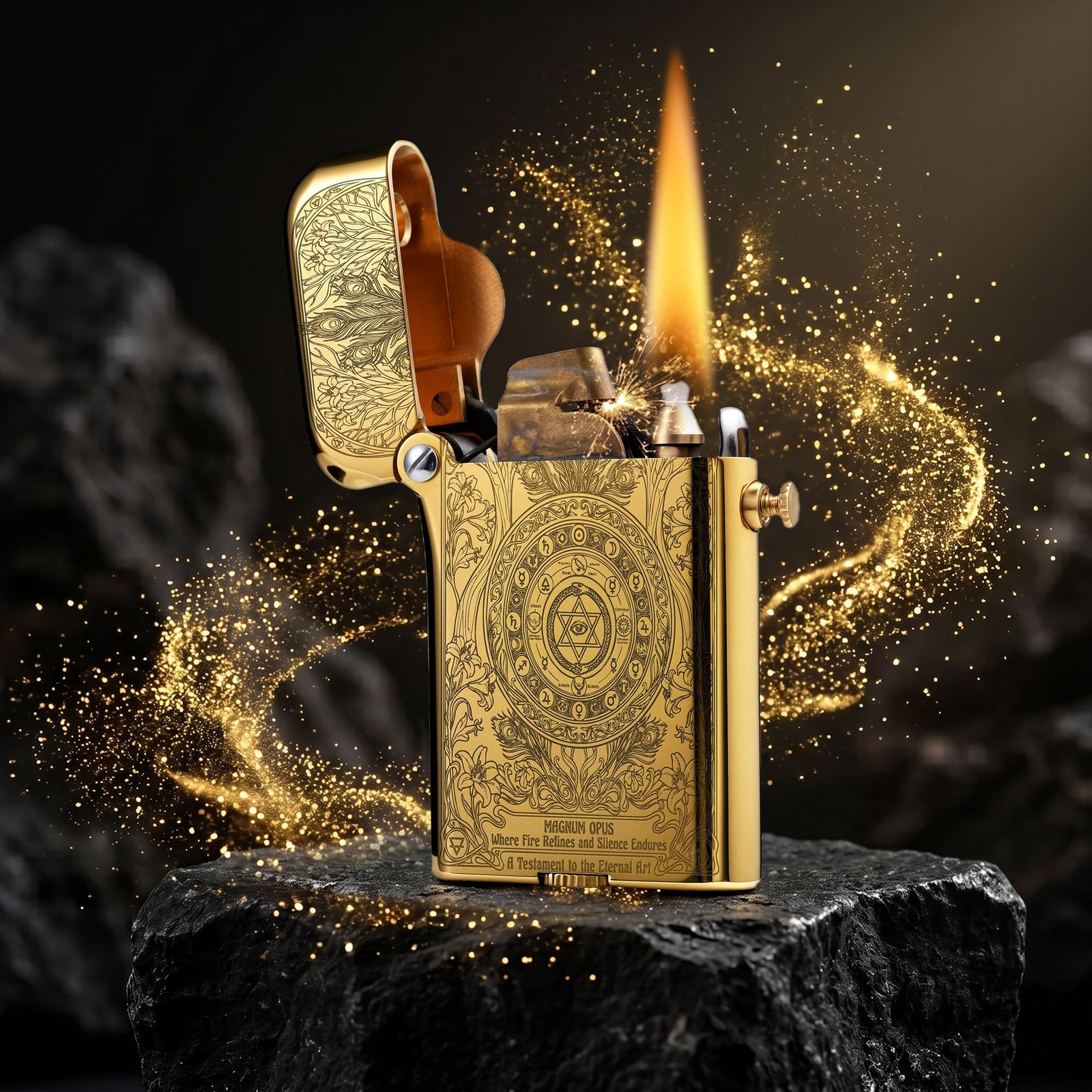 Thorens Gen 3 Single Claw Magnum Opus lighter igniting with bright flame, lid open to reveal the engraved brass body and exposed mechanical structure.