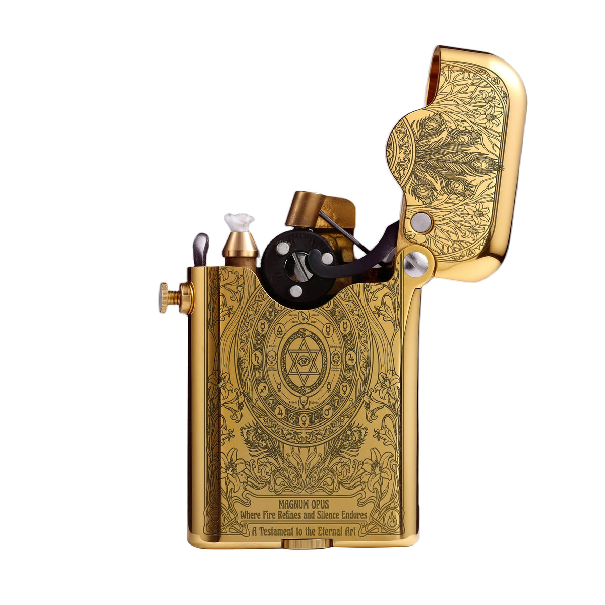 Thorens Gen 3 Single Claw Magnum Opus lighter shown open, highlighting the engraved brass body, exposed claw mechanism, wick, and flint assembly.