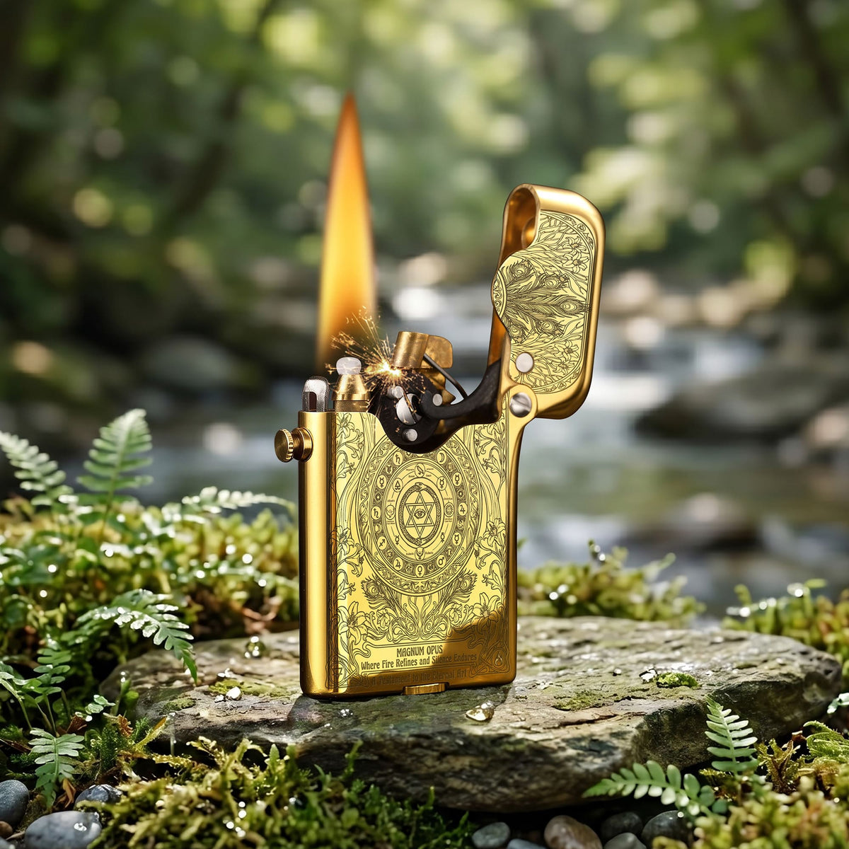 Thorens Gen 3 Single Claw Magnum Opus lighter igniting outdoors, with bright flame, engraved brass body, and exposed mechanical claw structure on a mossy stone surface.