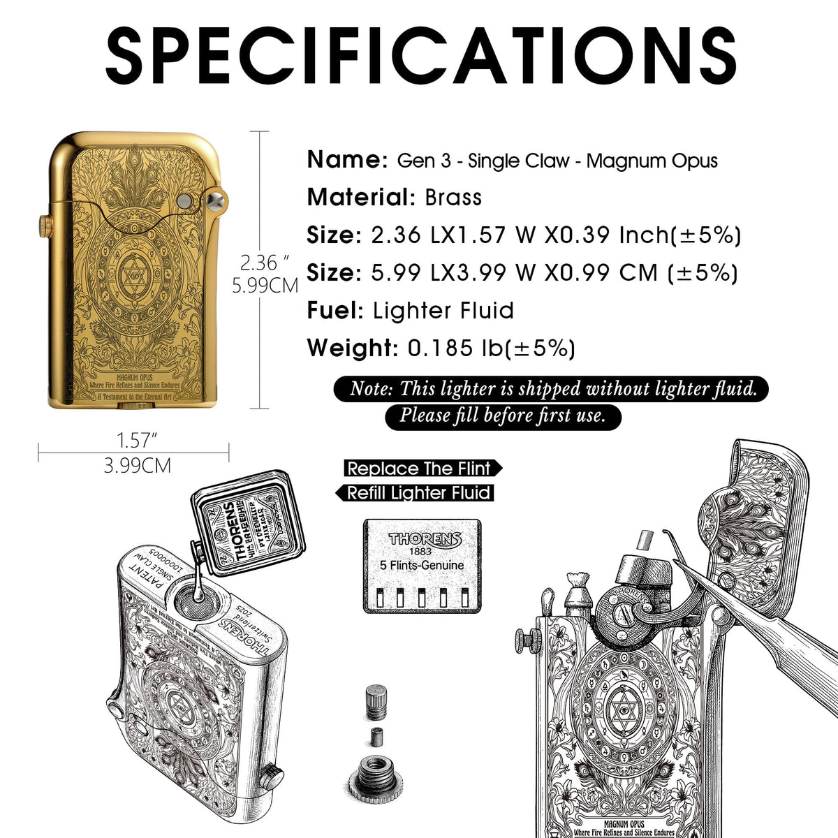Specification and maintenance guide for the Thorens Gen 3 Single Claw Magnum Opus lighter, showing size details, fluid refill method, and flint replacement steps.