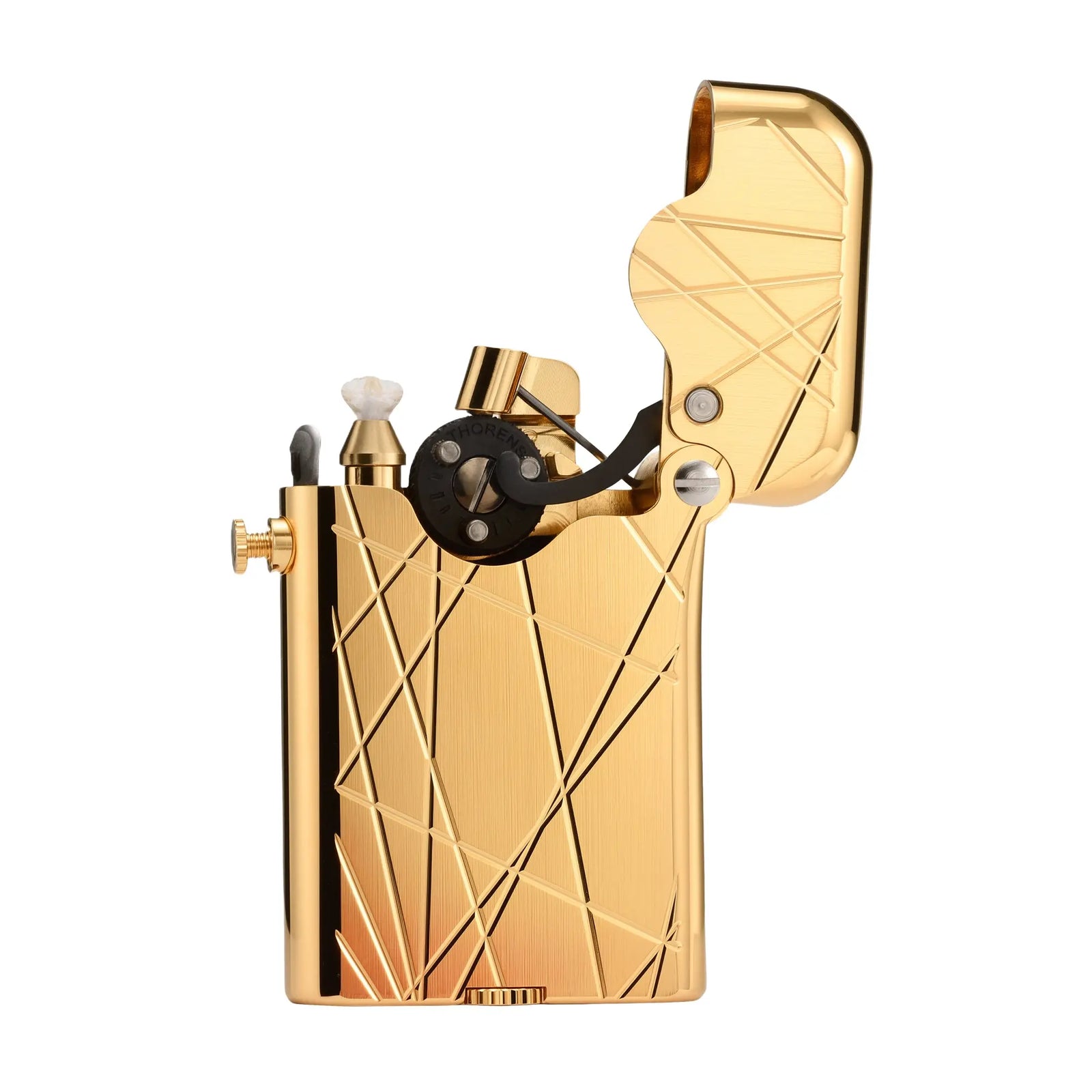 A Thorens Gen 3 Single Claw lighter in brushed gold, featuring an open lid that reveals the precision mechanical ignition and modern grid pattern.