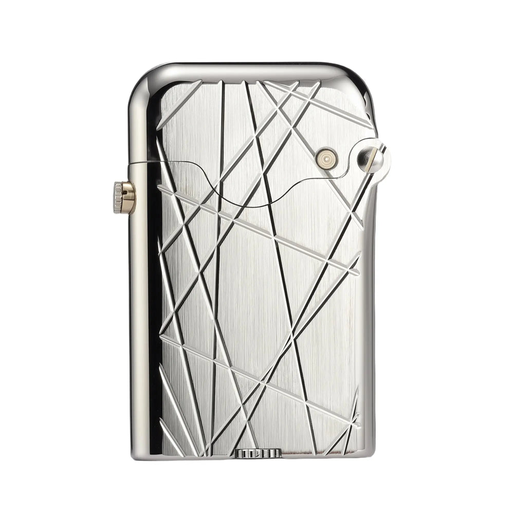 A silver Gen 3 Single Claw lighter featuring an abstract modern grid of asymmetric engraved lines on a brushed and polished chrome body.