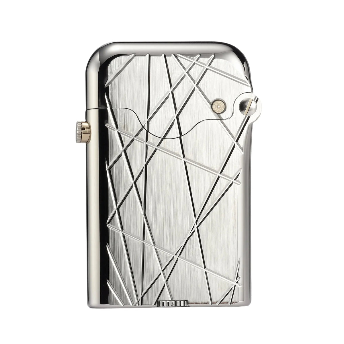 A silver Gen 3 Single Claw lighter featuring an abstract modern grid of asymmetric engraved lines on a brushed and polished chrome body.