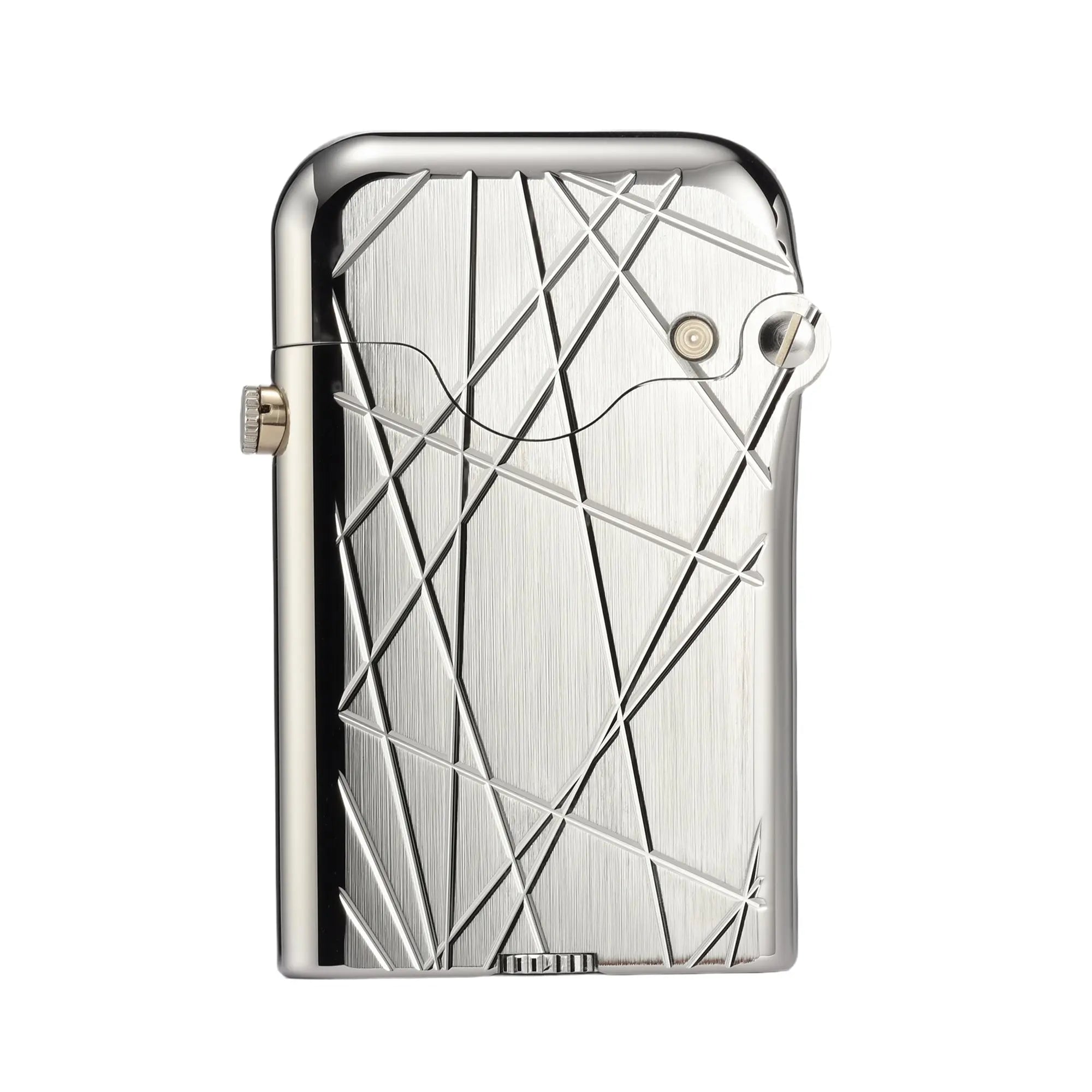 A silver Gen 3 Single Claw lighter featuring an abstract modern grid of asymmetric engraved lines on a brushed and polished chrome body.