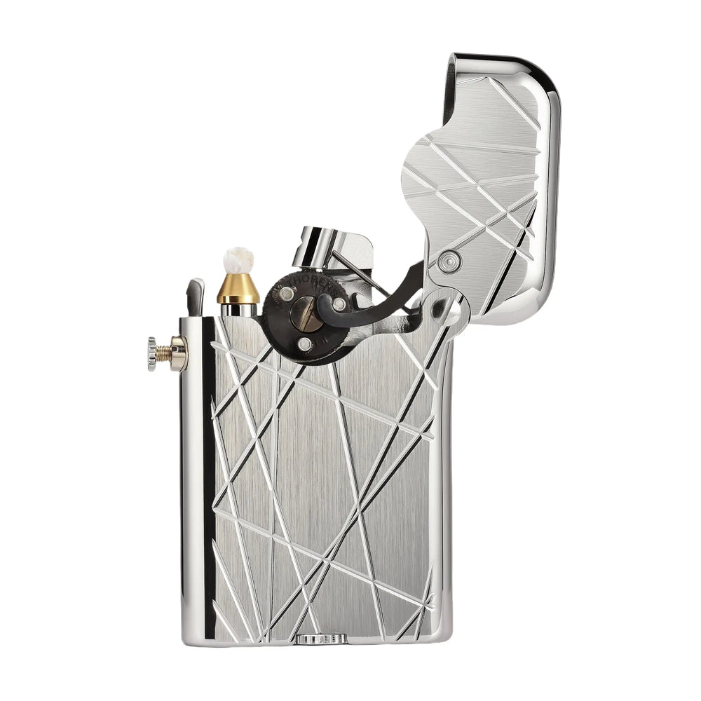 A studio shot of the Thorens Gen 3 Single Claw lighter in a silver finish with an open lid, showcasing the internal mechanical components and the brushed "Modern Grid" engraving.