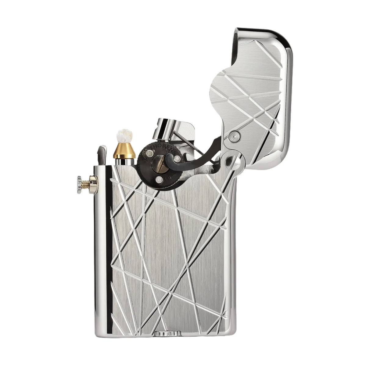 A studio shot of the Thorens Gen 3 Single Claw lighter in a silver finish with an open lid, showcasing the internal mechanical components and the brushed "Modern Grid" engraving.