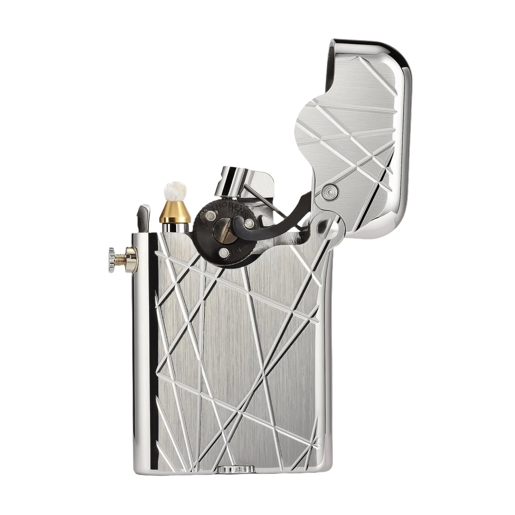 A studio shot of the Thorens Gen 3 Single Claw lighter in a silver finish with an open lid, showcasing the internal mechanical components and the brushed "Modern Grid" engraving.