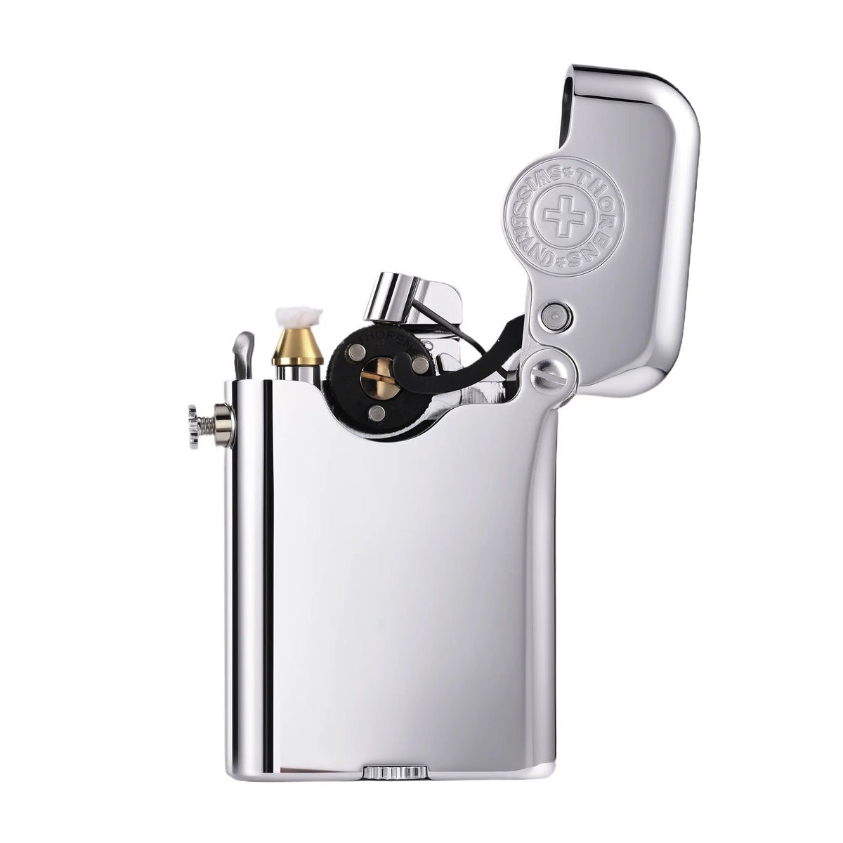An open Gen 3 Single Claw silver lighter highlighting the mechanical arm, brand emblem, and polished glossy brass finish on a white background.