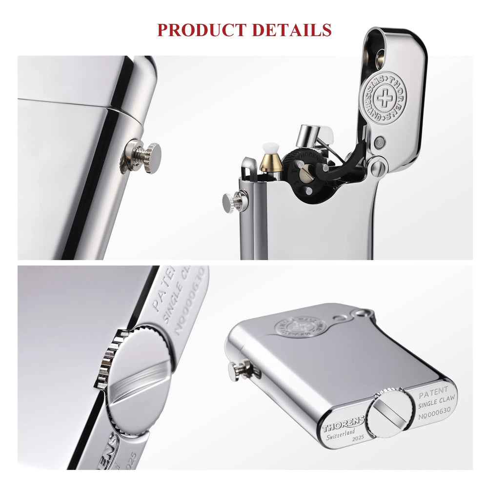 Close-up product details of the Gen 3 Single Claw silver lighter, showing the mechanical arm, ignition button, and bottom-fill patent engravings.