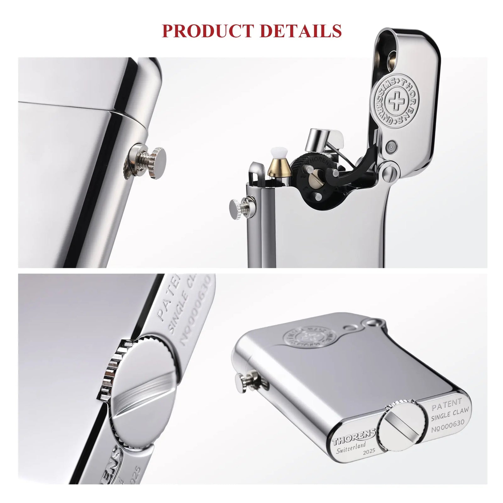 Close-up product details of the Gen 3 Single Claw silver lighter, showing the mechanical arm, ignition button, and bottom-fill patent engravings.