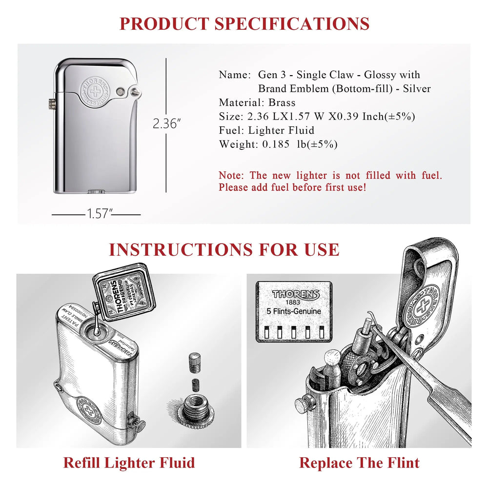 Technical specifications and usage instructions for the Gen 3 Single Claw silver lighter, detailing its brass build, dimensions, and maintenance procedures.