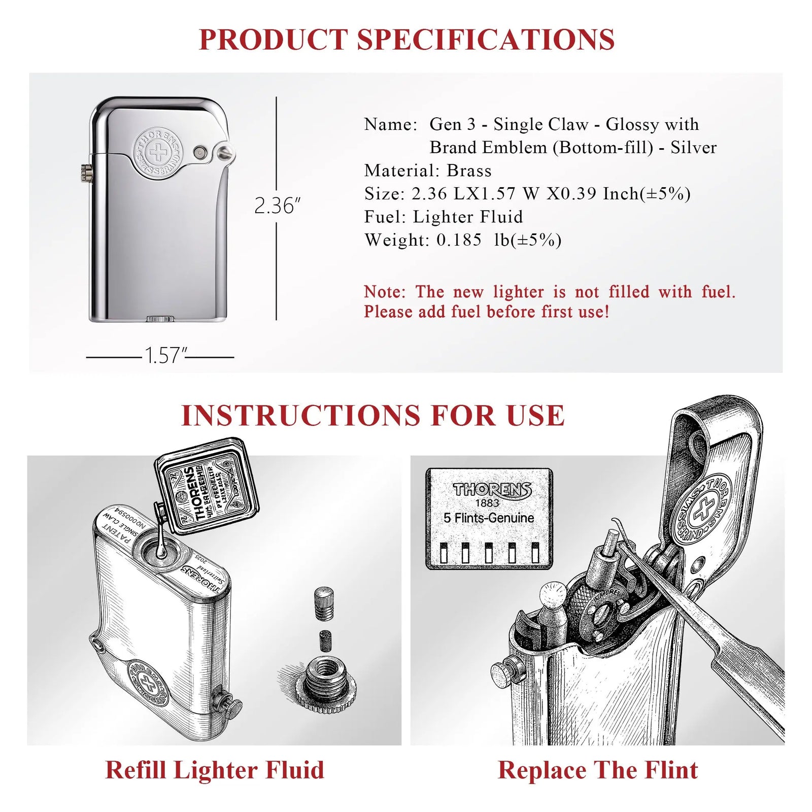 Technical specifications and usage instructions for the Gen 3 Single Claw silver lighter, detailing its brass build, dimensions, and maintenance procedures.