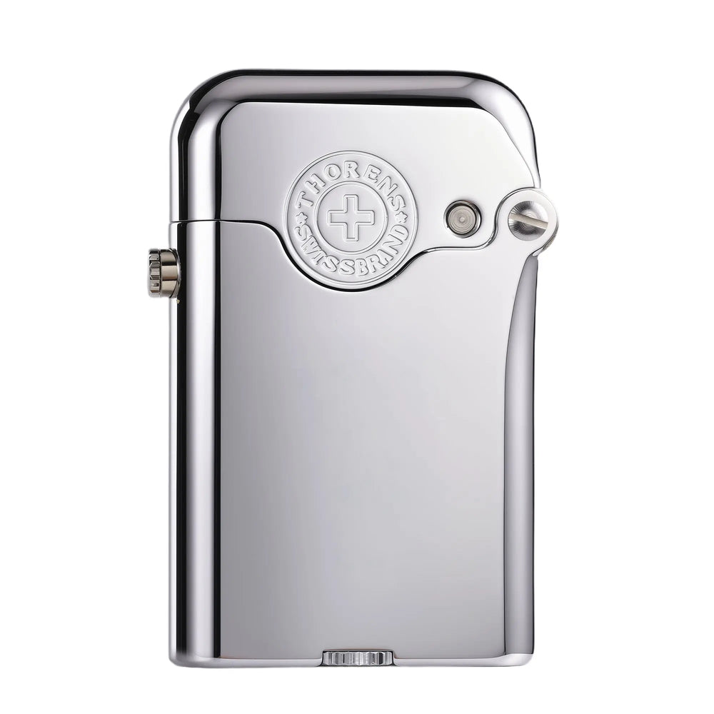 A Thorens Gen 3 single claw lighter in a polished glossy silver finish, featuring the iconic Swiss brand emblem engraved on the brass body with its signature mechanical hinge.