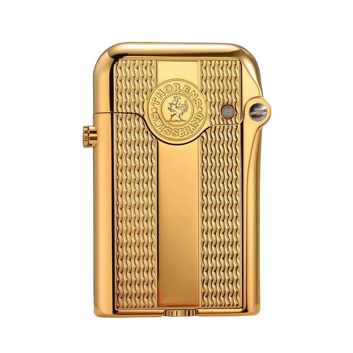 A gold Gen 3 Single Claw lighter featuring vertical spaced water ripple textures and a Swiss Brand rooster emblem on a polished brass body.