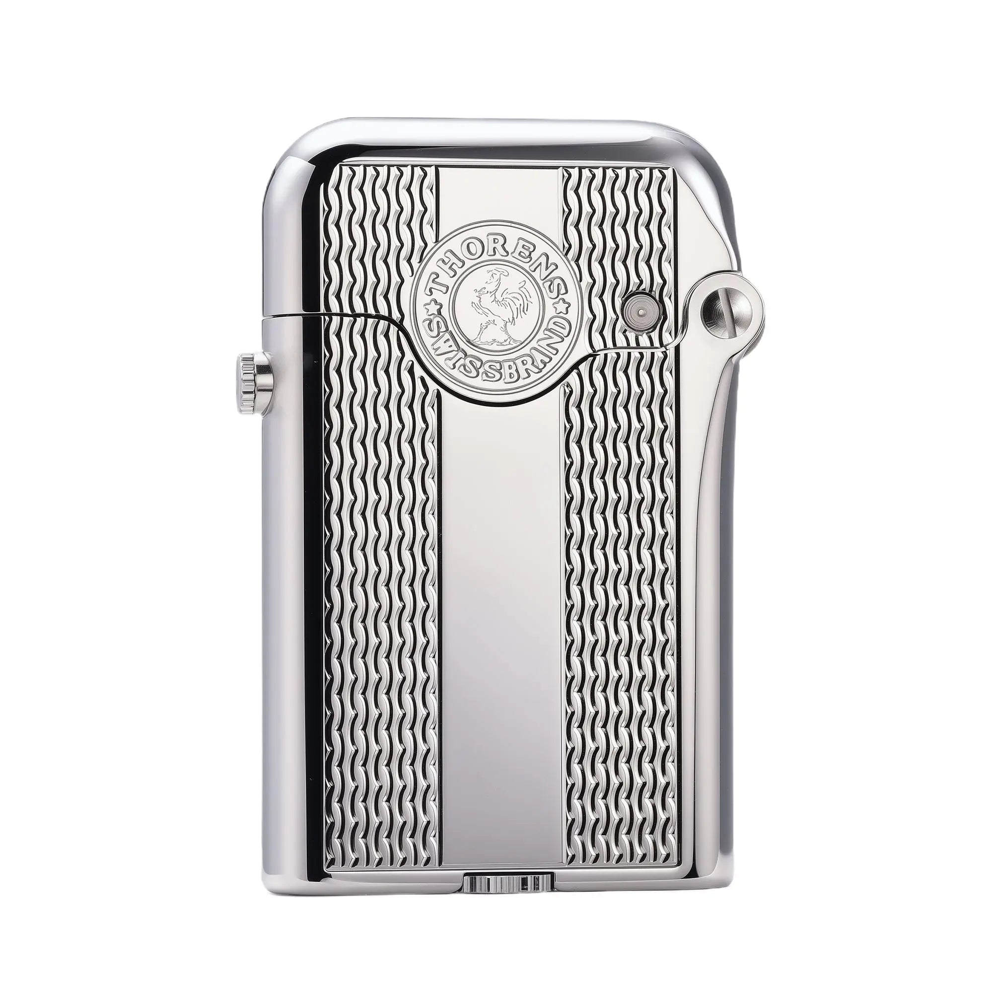 A silver Gen 3 Single Claw lighter featuring vertical spaced water ripple engravings and the Thorens Swiss Brand emblem on a chrome brass body.