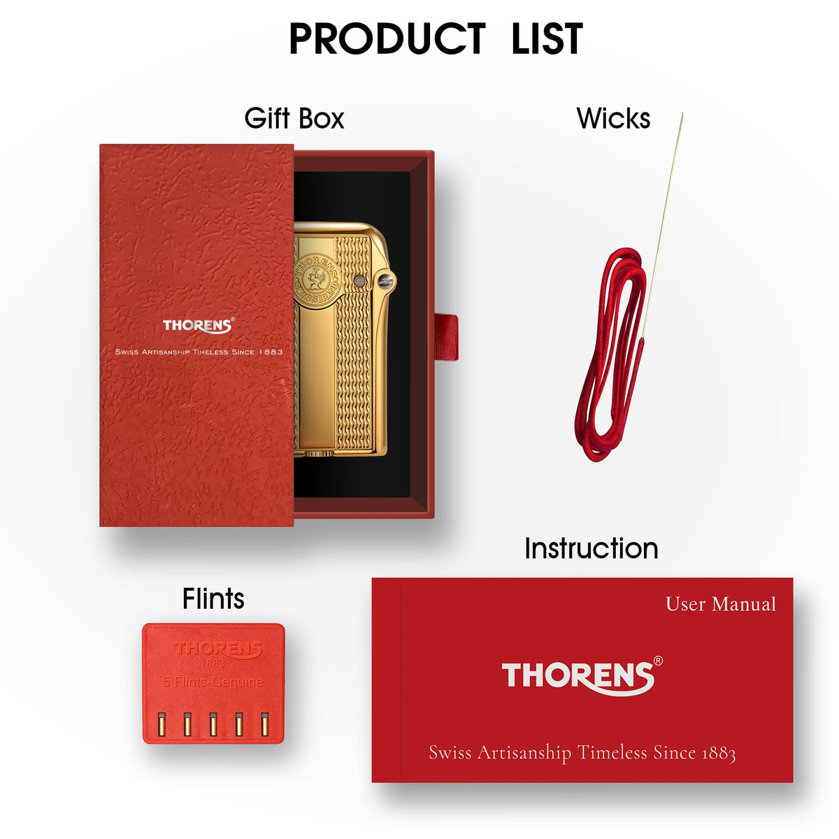 A product list for the Gen 3 Single Claw Spaced Water Ripple lighter in a gold finish, featuring a red gift box, wicks, flints, and a user manual.