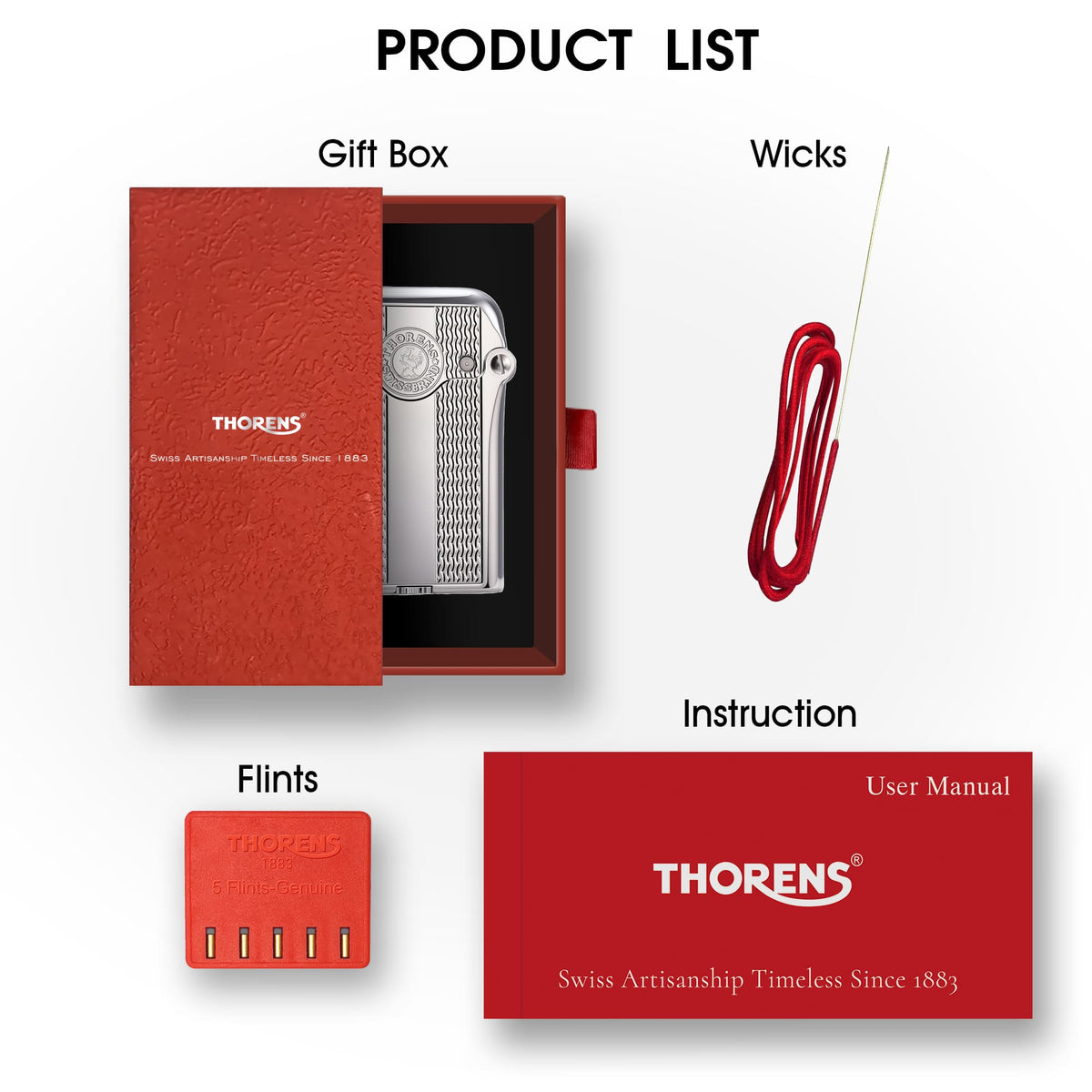 A complete product list for the Gen 3 Single Claw Spaced Water Ripple Silver lighter, including the branded red gift box, replacement wicks, flints, and user manual.