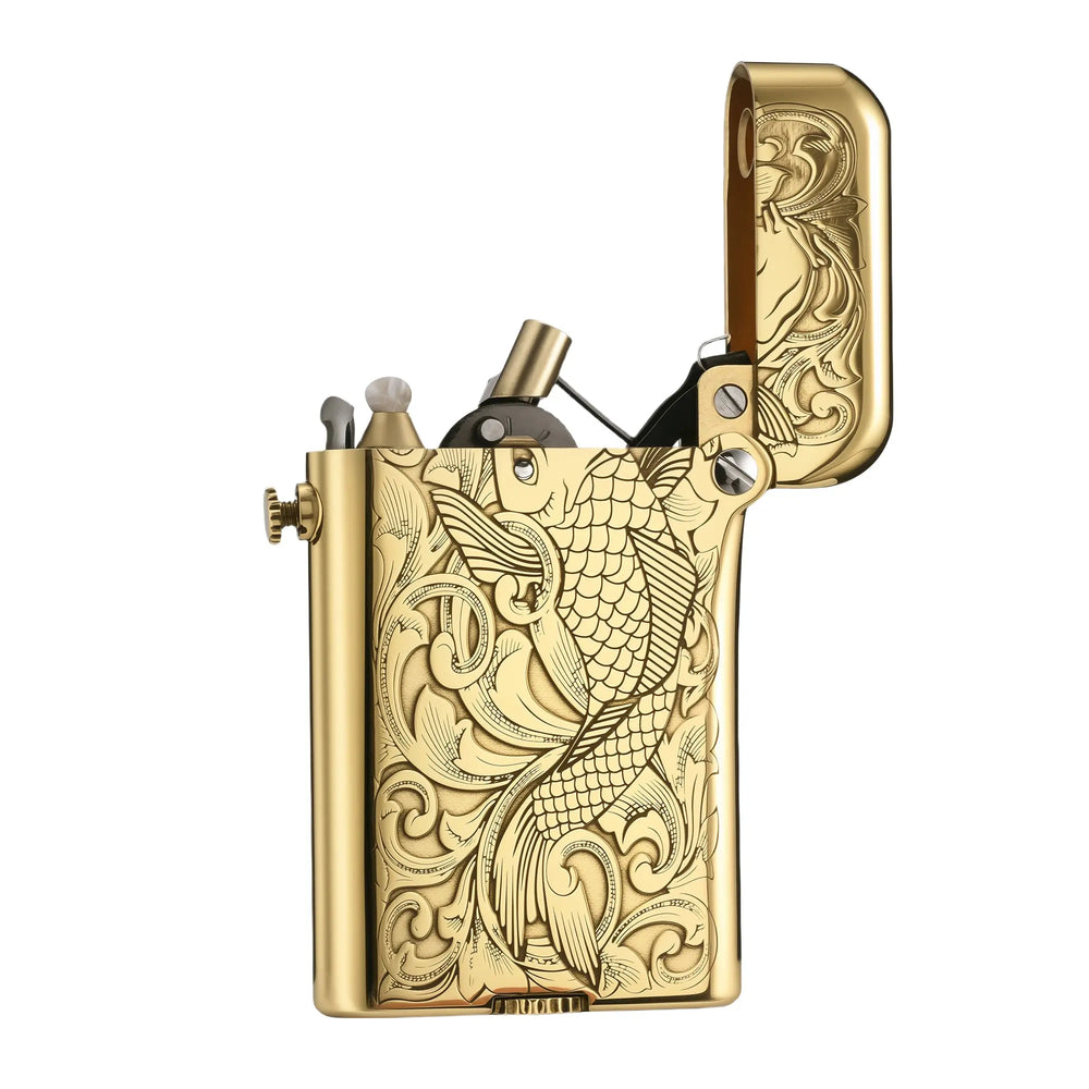 Thorens Gen 4 Double Claw brass lighter with an engraved koi pattern, shown open with visible ignition mechanism and detailed ornamental carving on the body and lid