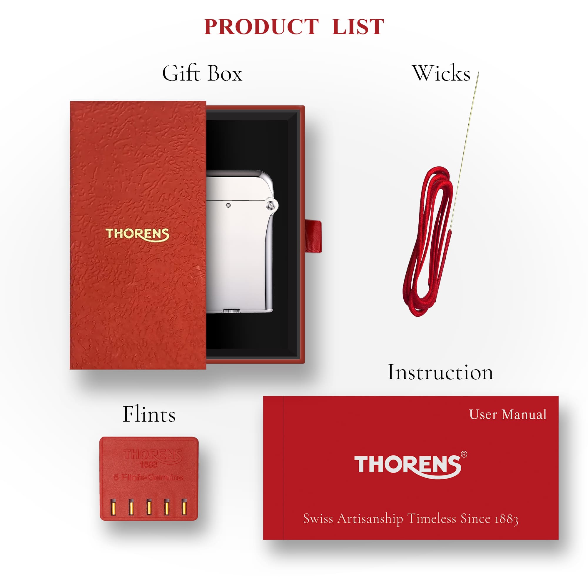 Thorens Gen 4 Double Claw Glossy Silver lighter presented in a red gift box with wick, flints, and instruction manual arranged beside the packaging.