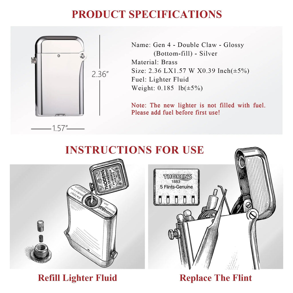 A detailed technical specifications chart and instructional diagrams for the silver, glossy Thorens Gen 4 double claw, illustrating refill and flint replacement.