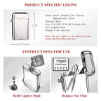 A detailed technical specifications chart and instructional diagrams for the silver, glossy Thorens Gen 4 double claw, illustrating refill and flint replacement.
