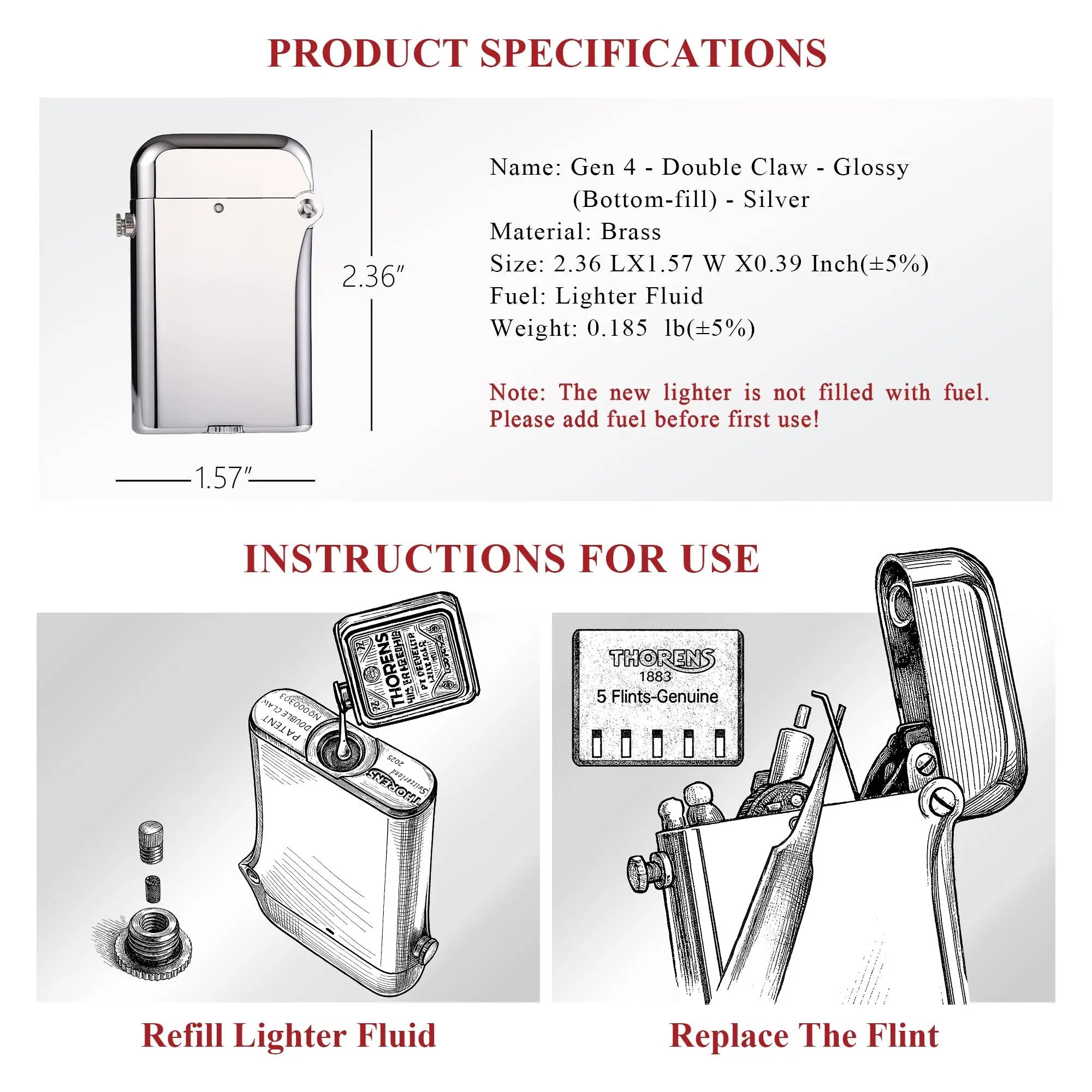 A detailed technical specifications chart and instructional diagrams for the silver, glossy Thorens Gen 4 double claw, illustrating refill and flint replacement.