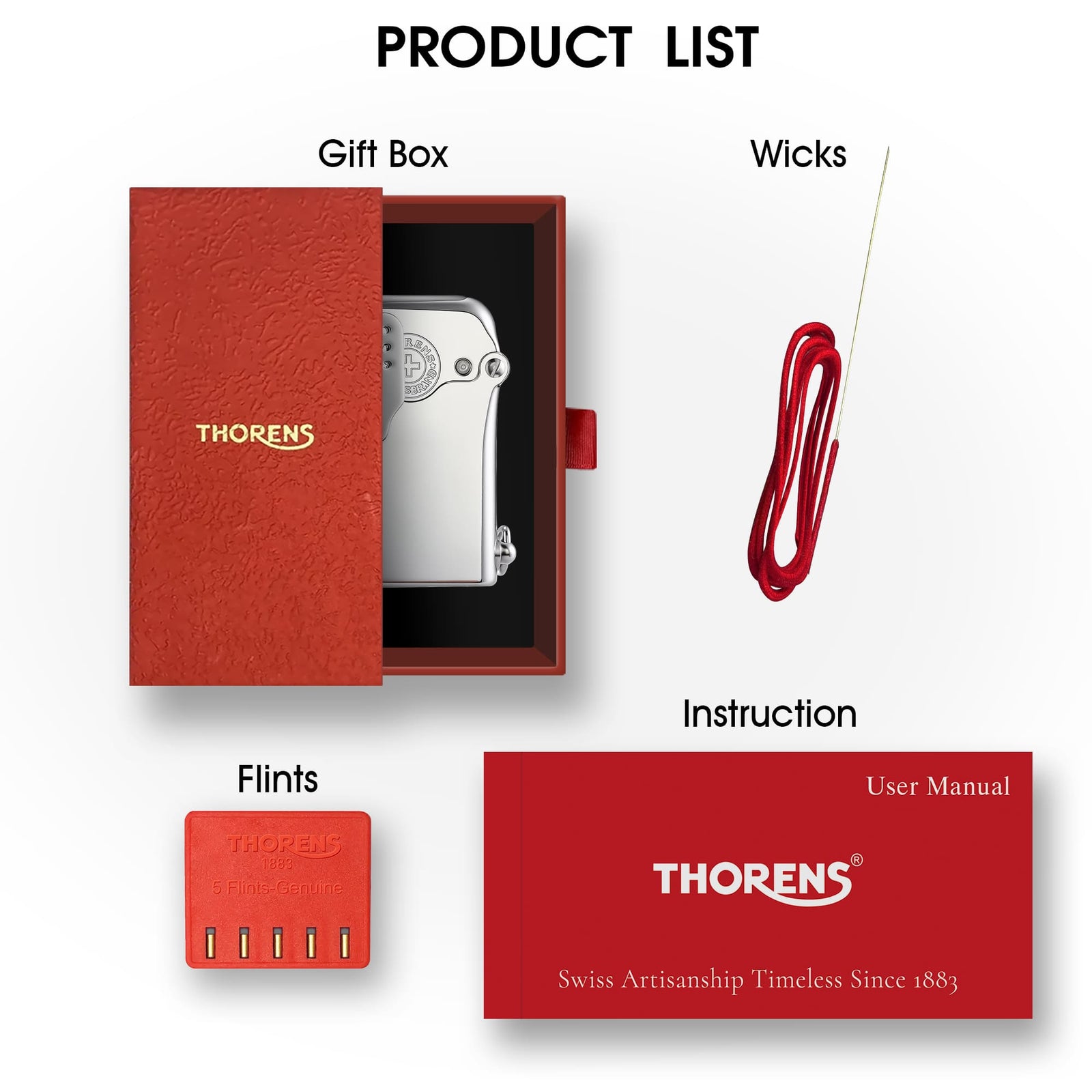 A "Product List" infographic for the Thorens Gen 5 "STORM" Single Claw lighter gift set. The silver-finished lighter, featuring its signature perforated wind-guard and side-fill design, is nestled in a premium red gift box along with replacement wicks, a 5-pack of flints, and an official user manual.