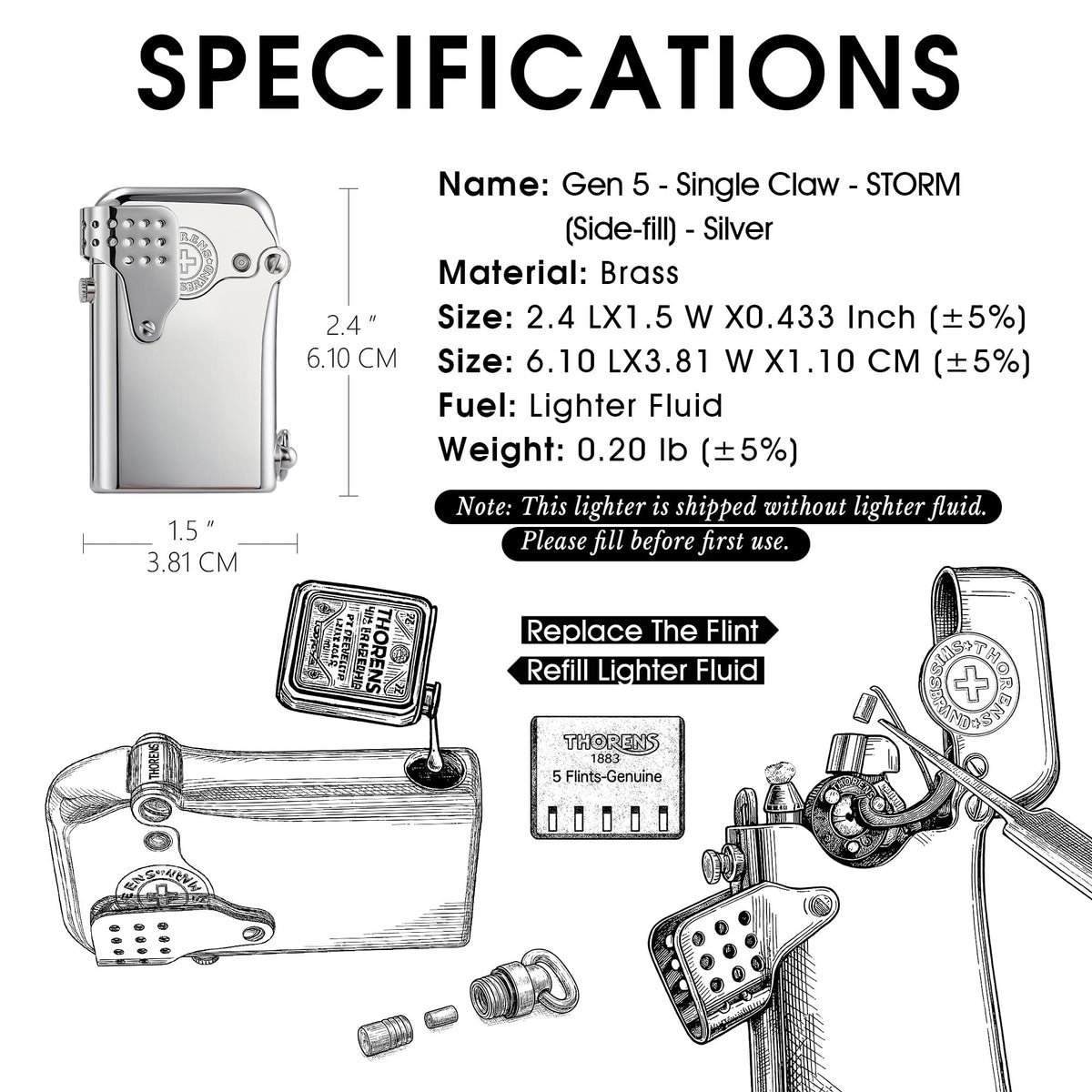 A technical product infographic for the Thorens Gen 5 "STORM" Single Claw lighter in Silver. The layout features dimensions (2.4" x 1.5"), material (Brass), and its unique side-fill port, paired with illustrative diagrams for maintenance including refilling lighter fluid and flint replacement.