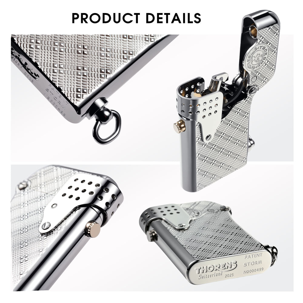A Gen 5 STORM lighter featuring a polished chrome body with an intricate starry mesh pattern, showcasing the single claw mechanical lid and windproof guard.