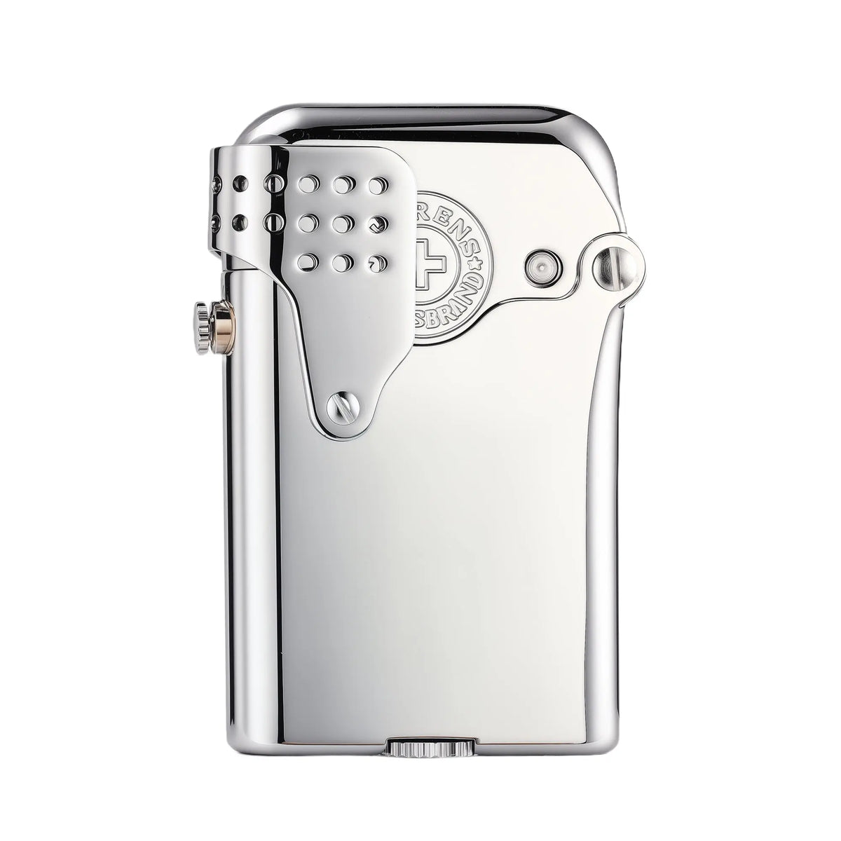 A Gen 5 STORM lighter in a polished silver finish, featuring a signature single claw lid and a perforated windproof guard with the Thorens brand logo.