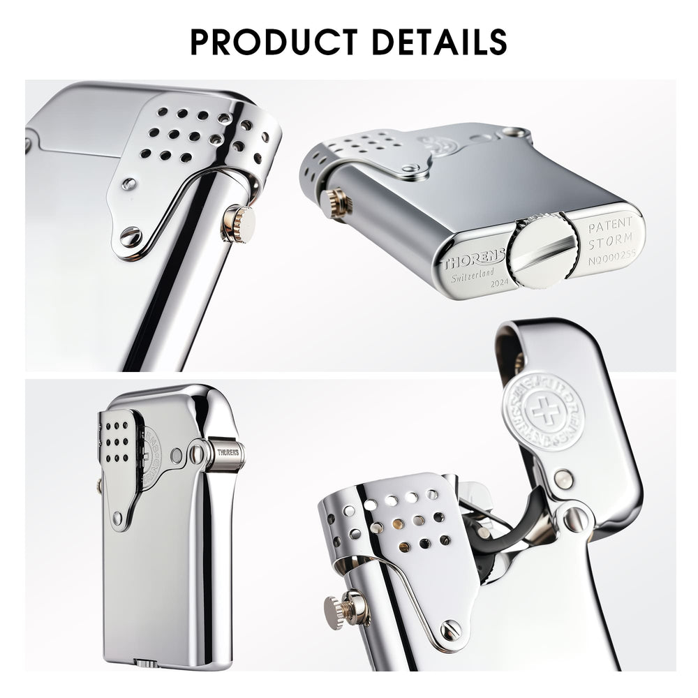 A collage of Thorens Gen 5 Single Claw STORM lighter details, showcasing the polished silver finish, side-fill screw, windproof guard, and open lid mechanism.