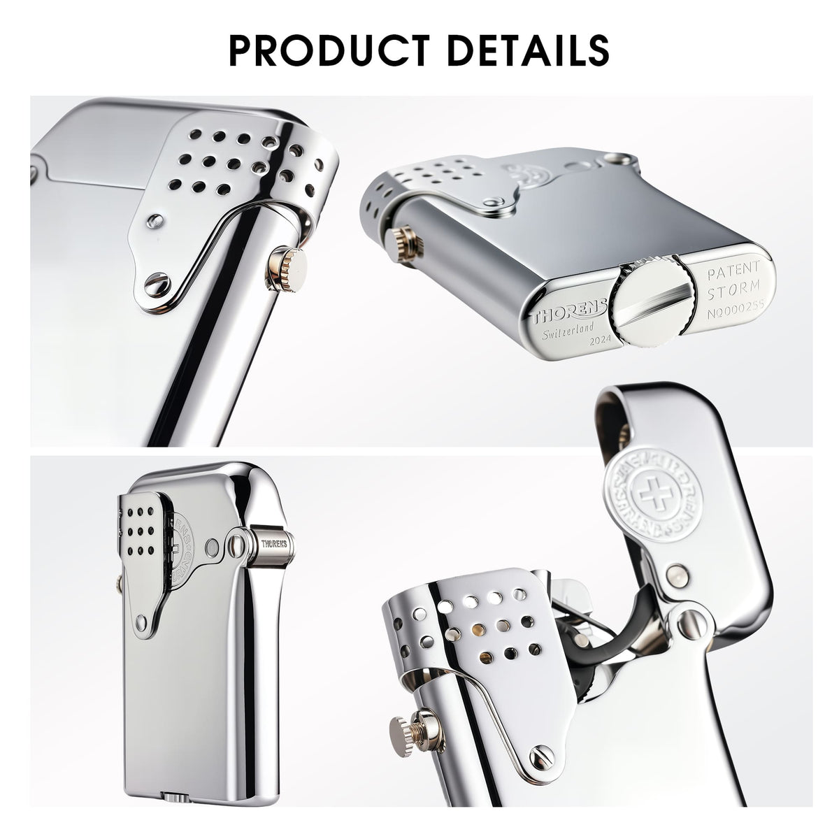 A collage of Thorens Gen 5 Single Claw STORM lighter details, showcasing the polished silver finish, side-fill screw, windproof guard, and open lid mechanism.