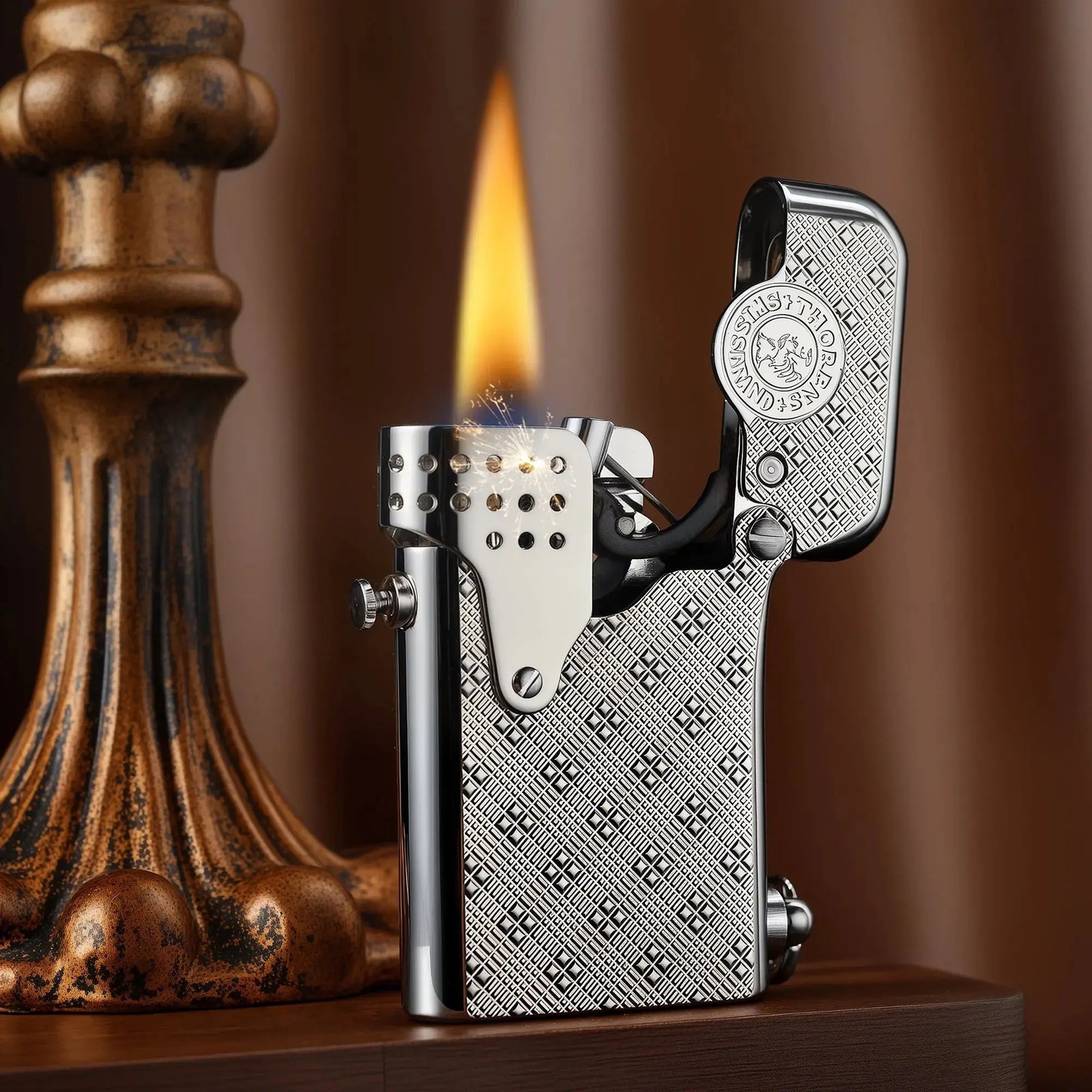 A Thorens Gen 5 Single Claw "STORM" lighter in silver with a Starry Mesh pattern, captured mid-ignition with a steady flame and mechanical sparks in a warm lifestyle setting.