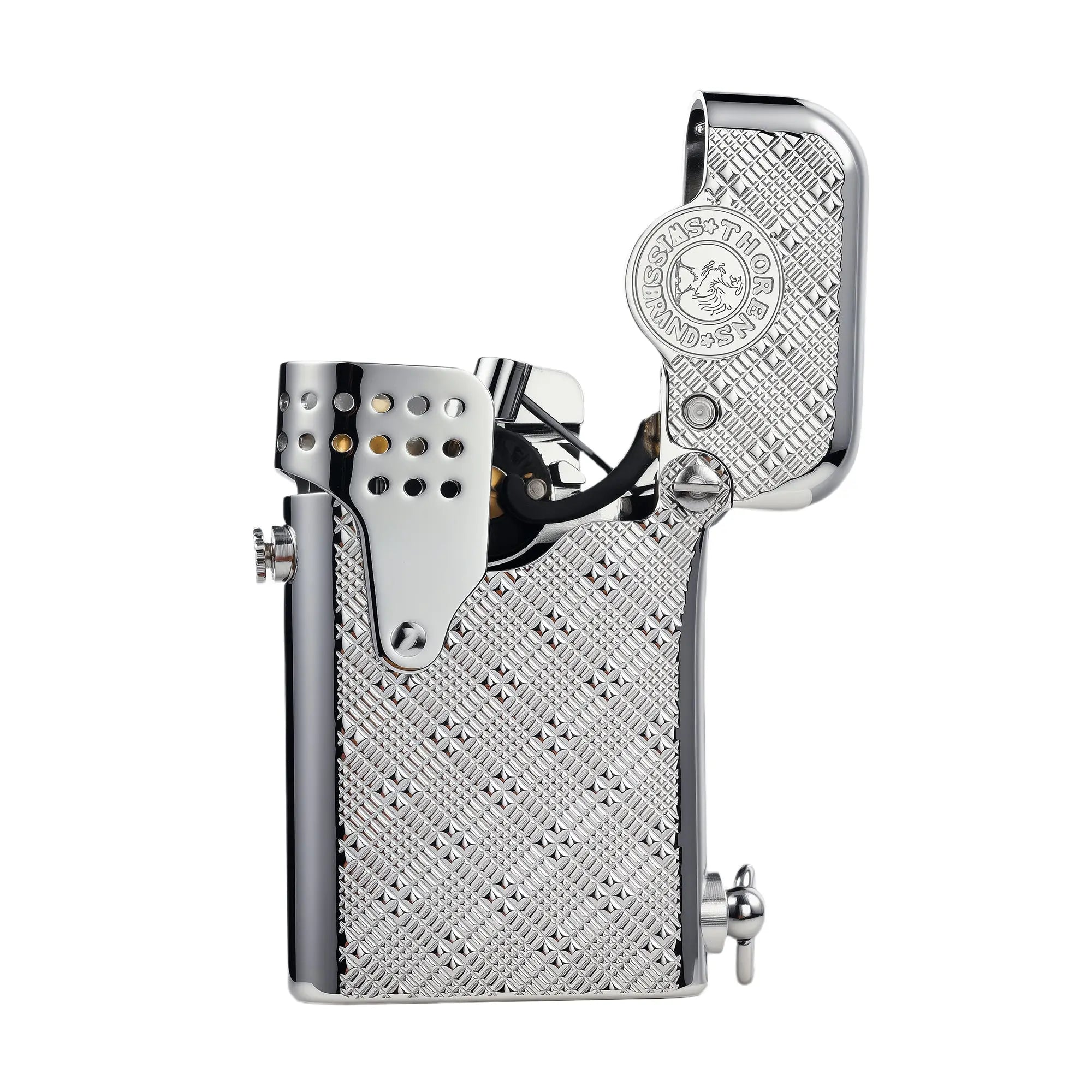 A studio shot of the Thorens Gen 5 Single Claw "STORM" lighter in silver with an open lid, showcasing the Starry Mesh engraving, the perforated wind guard, and the internal mechanical claw.