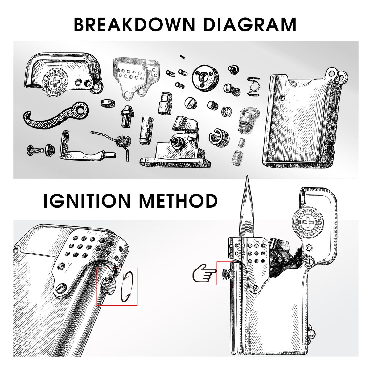 A technical illustration showing a detailed component breakdown and the side-button ignition method for the Gen 5 Single Claw Storm lighter.