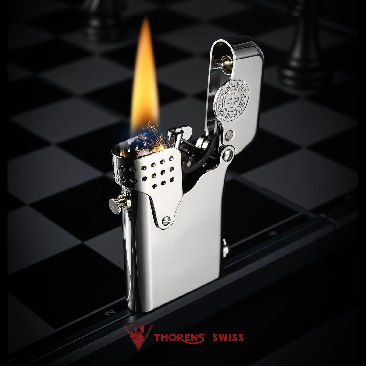 A high-polish silver Gen 5 Single Claw Storm lighter ignited with a large flame and sparks, showing the open mechanical hood on a chessboard background.