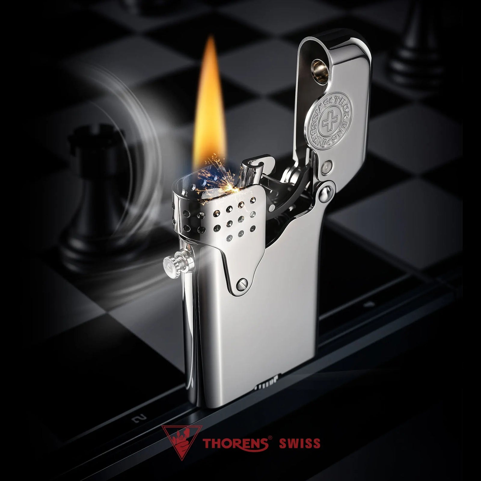 A silver Thorens Gen 5 Single Claw Storm lighter ignited with a steady flame, showing its intricate mechanical hood and chrome finish on a chessboard.