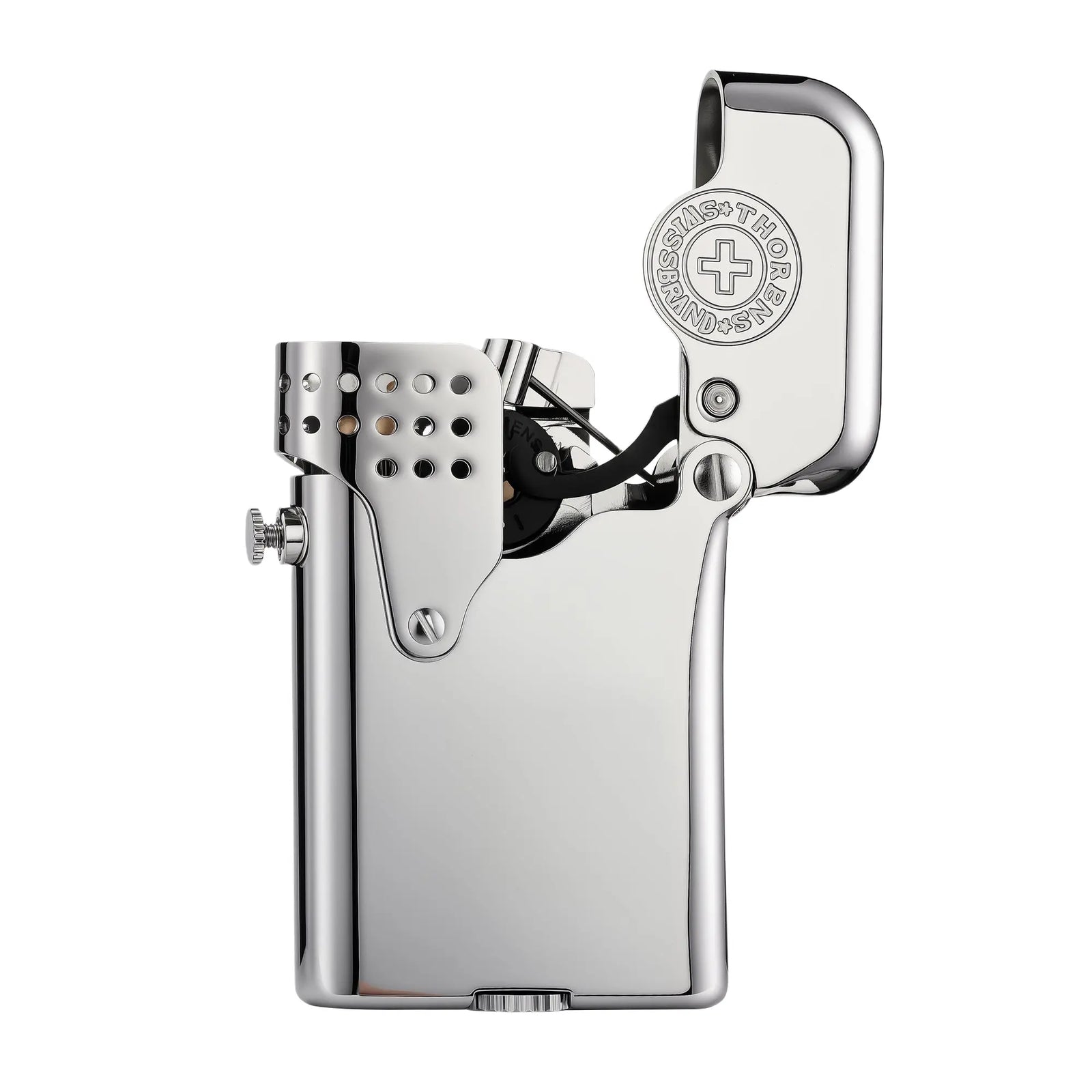 A polished silver Gen 5 Single Claw Storm lighter shown open, featuring a perforated wind-guard and engraved Thorens Swiss brand emblem.