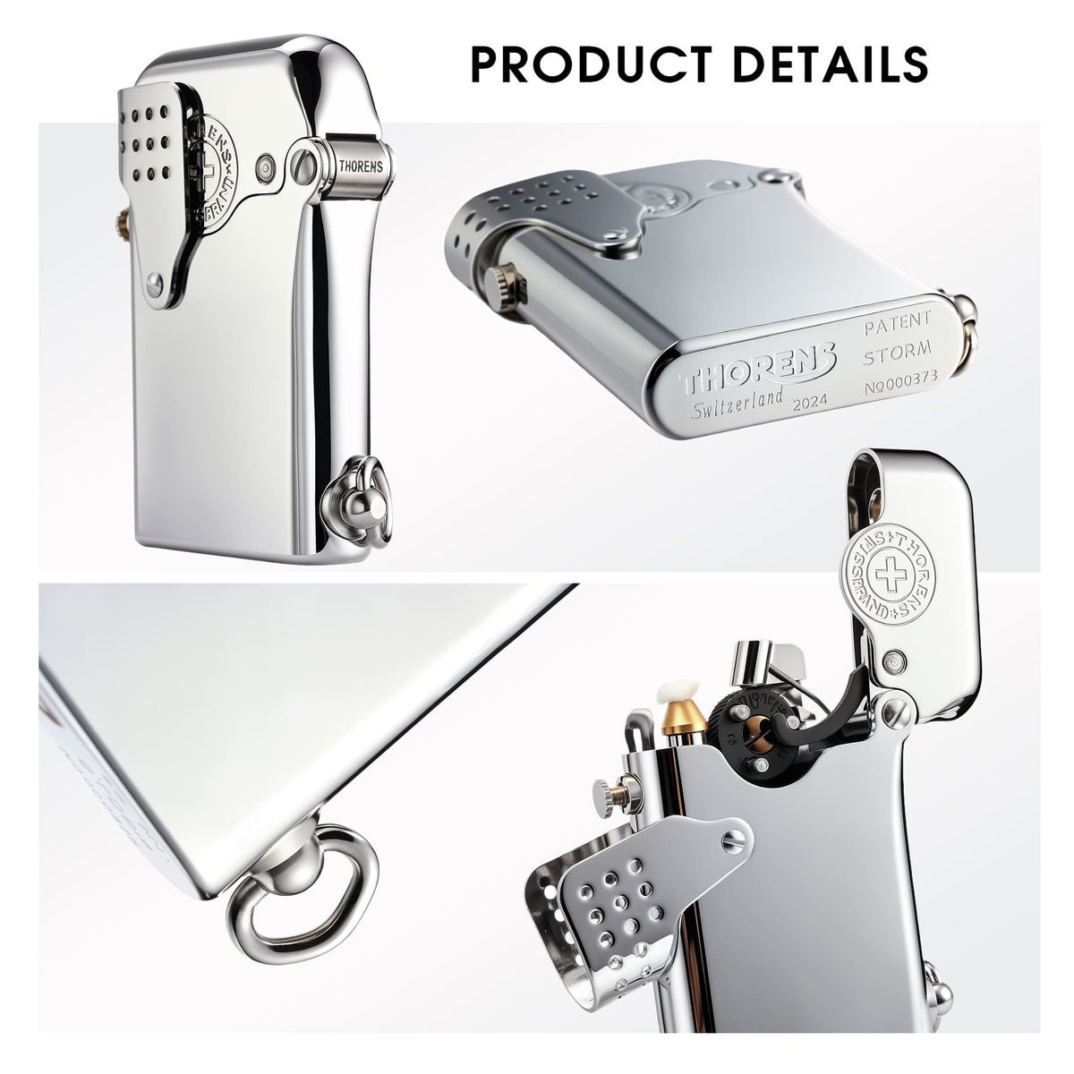 A product detail collage of a silver Gen 5 Single Claw Storm lighter, highlighting the bottom lanyard ring, open claw mechanism, and engraved brand stamps.