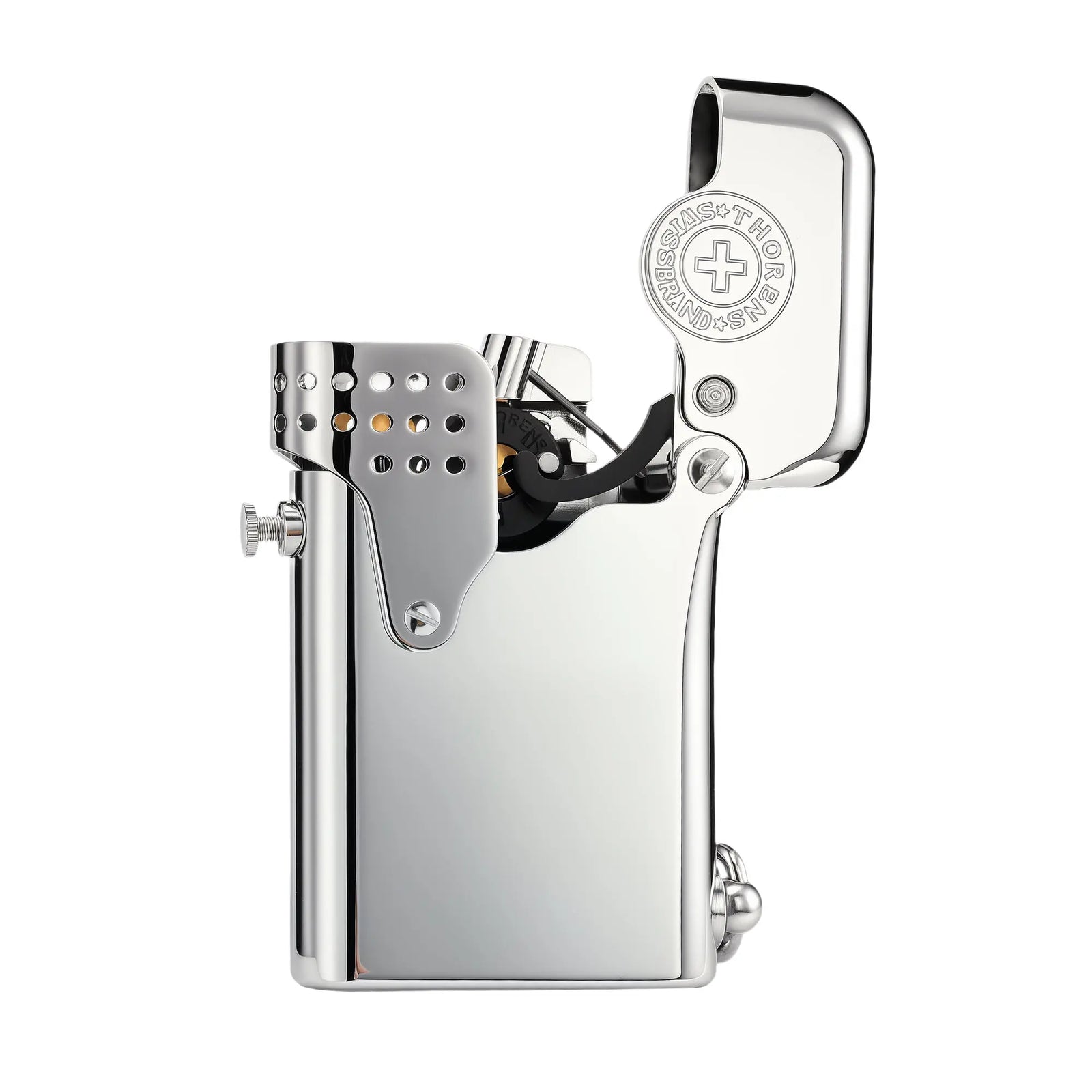 A studio shot of an open Gen 5 Single Claw Storm silver lighter, showing the wind-guard, mechanical linkage, and heritage Thorens Swiss branding.