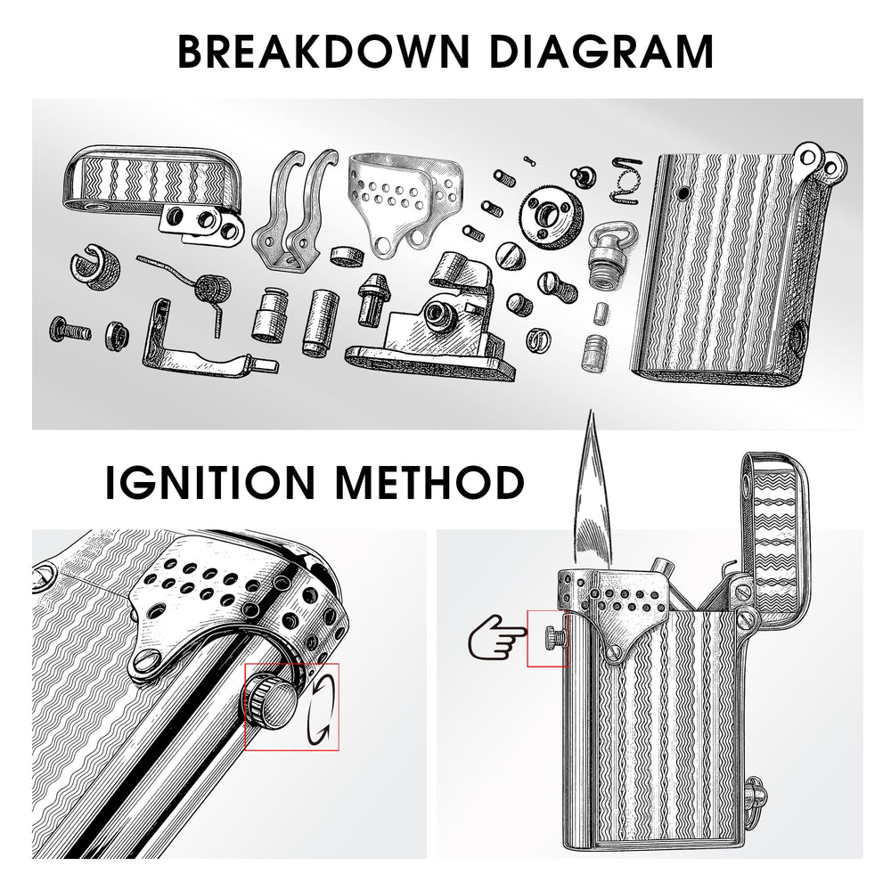 Technical illustration showing the internal components breakdown and side-button ignition method of the Gen 6 Double Claw STORM lighter.