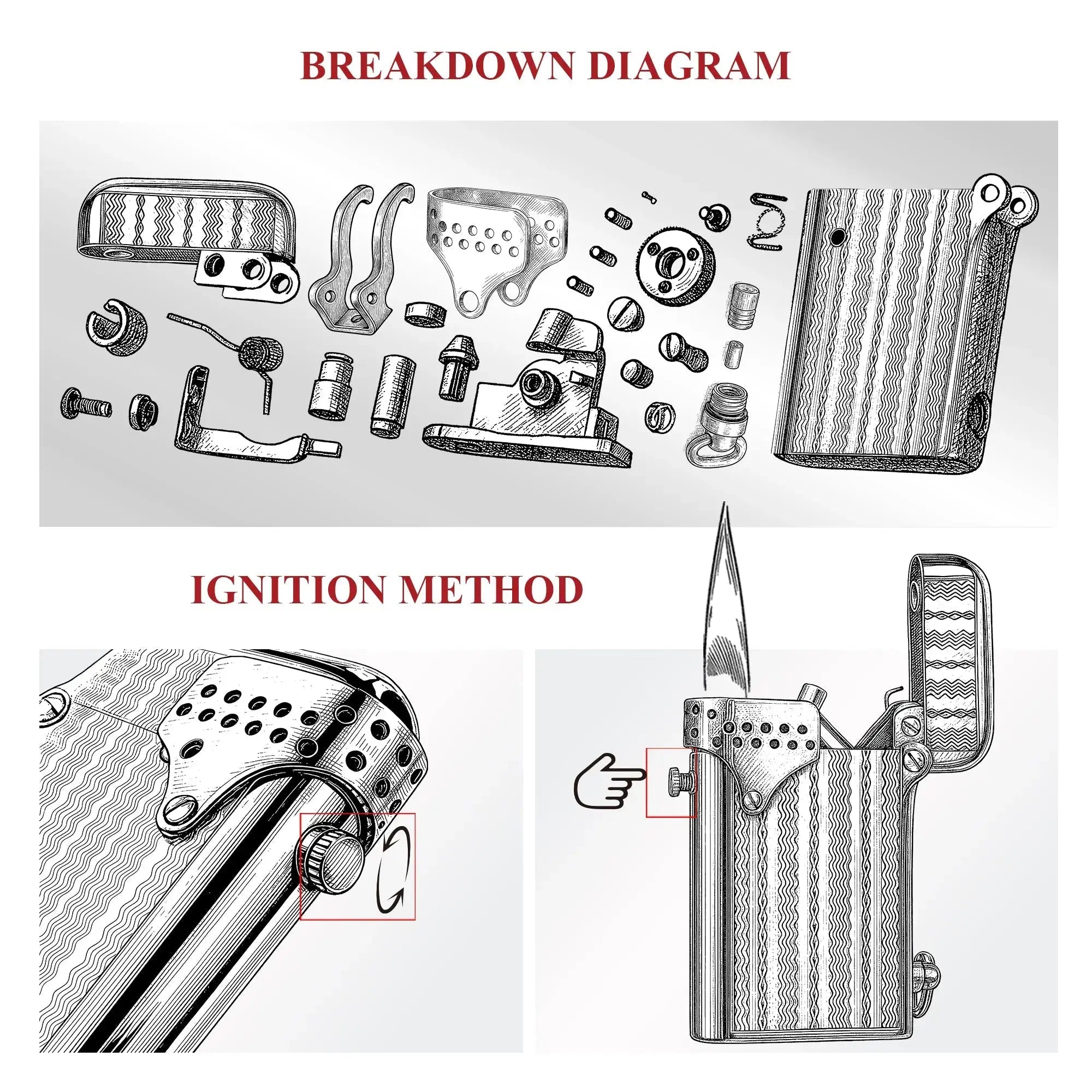 Technical illustration showing the internal components breakdown and side-button ignition method of the Gen 6 Double Claw STORM lighter.