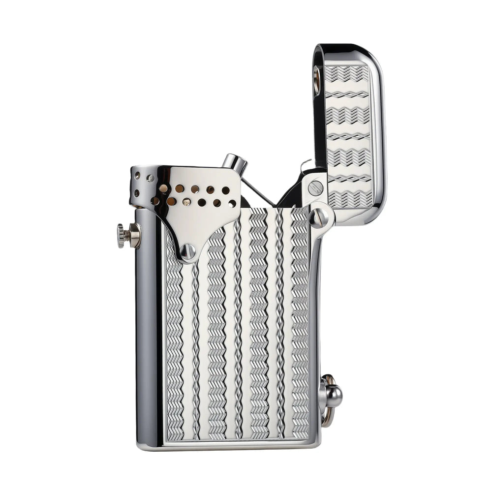 A Thorens Gen 6 Double Claw STORM lighter shown with the lid open, featuring a polished chrome frame and intricate wave reflection texture.