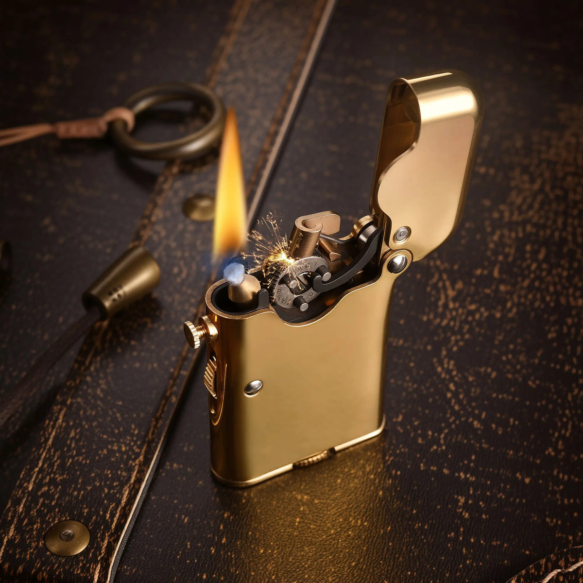 A glossy brass Thorens Gen 7 TELEFLAM lighter ignited with a bright flame and mechanical sparks, highlighting the single claw heritage design and precision engineering.