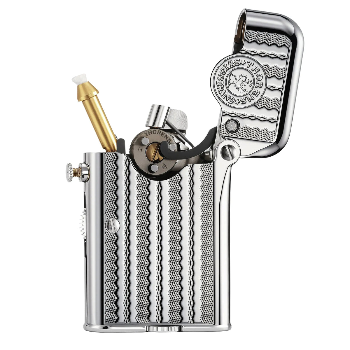 An open Thorens Gen 7 Single Claw TELEFLAM lighter in silver, showing the internal brass wick holder and mechanical structure against the water ripple pattern.