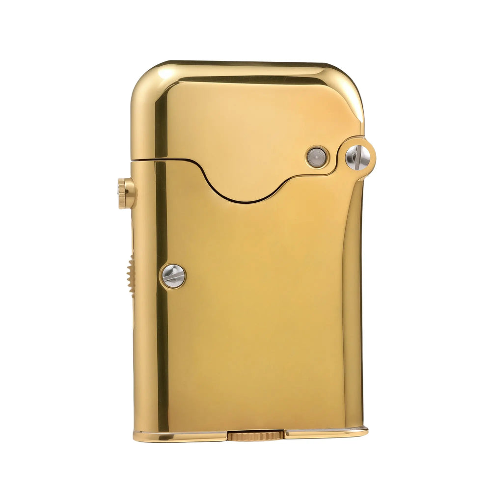 A front-facing view of a Thorens Gen 7 TELEFLAM lighter with a glossy brass finish, featuring the signature single claw ignition and mechanical screw details.