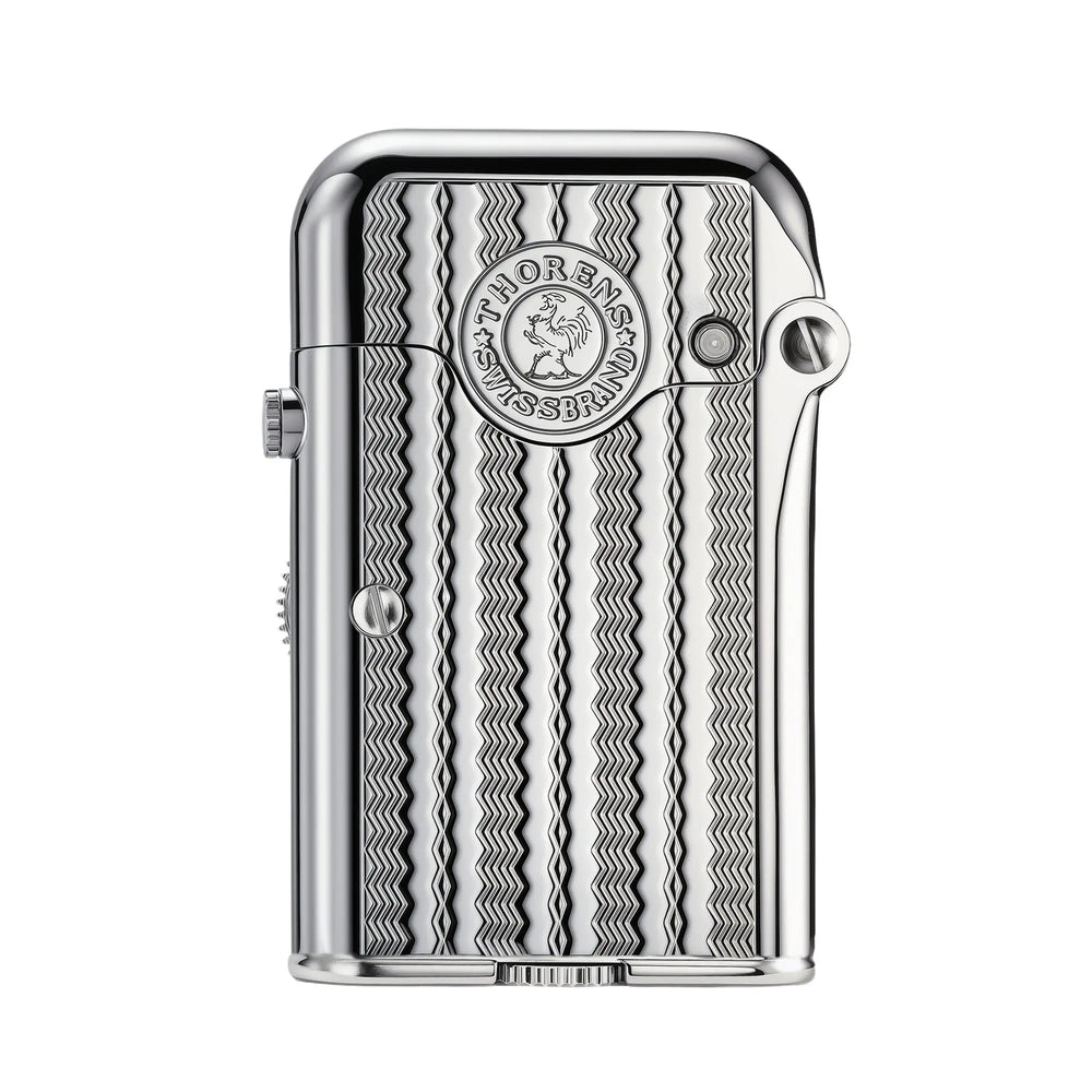 A front view of the Thorens Gen 7 Single Claw TELEFLAM lighter featuring a polished silver finish with a sophisticated water ripple texture.