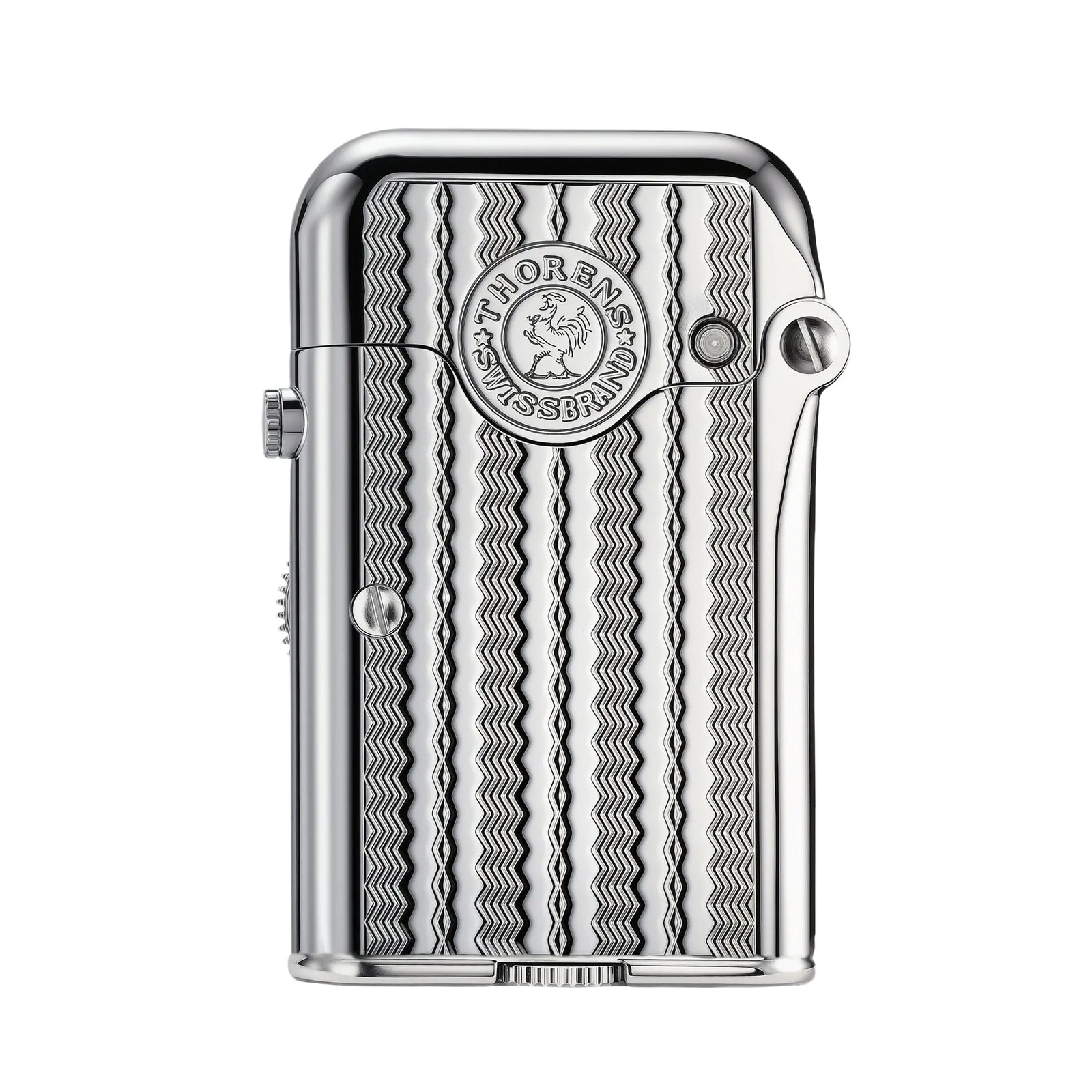 A front view of the Thorens Gen 7 Single Claw TELEFLAM lighter featuring a polished silver finish with a sophisticated water ripple texture.