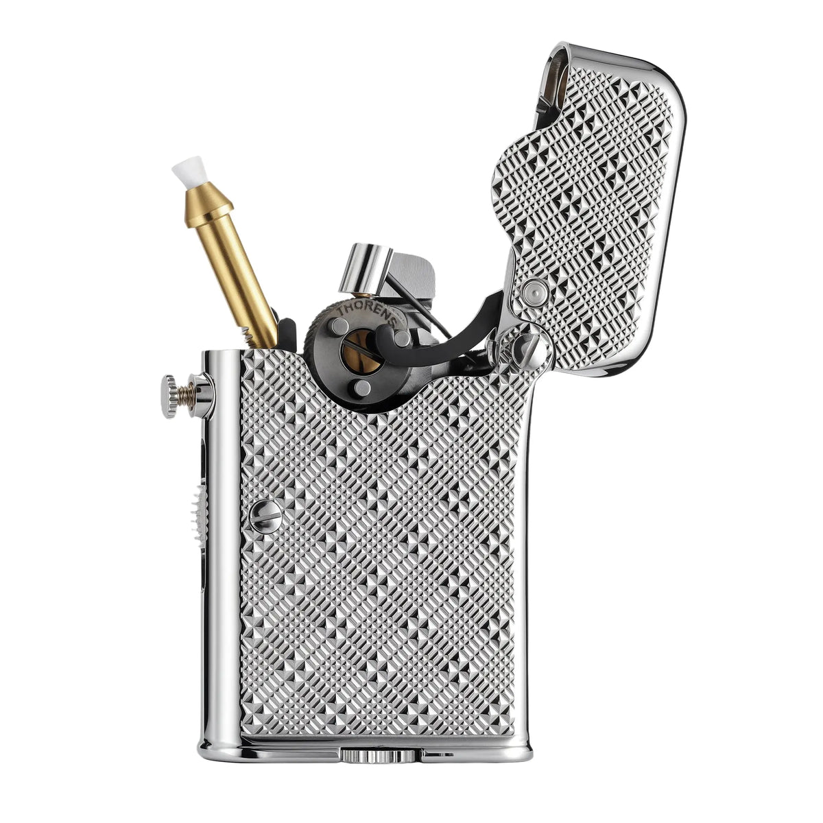 A Thorens Gen 7 Single Claw Teleflam lighter in an open position, highlighting the brass wick holder and mechanical single claw design.